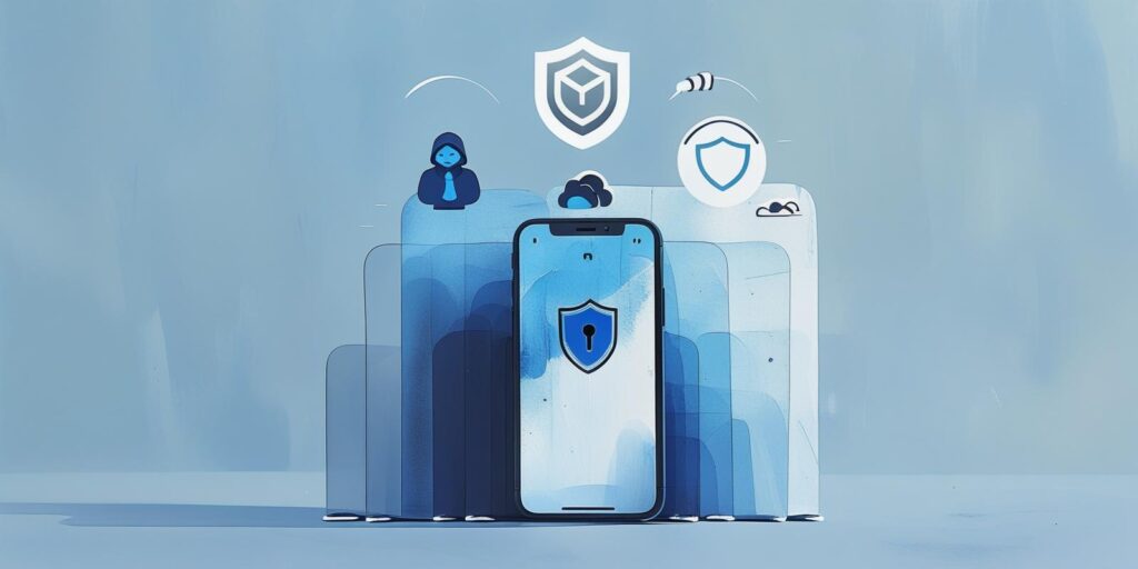 layered antivirus and VPN defense icons protecting mobile phone 
